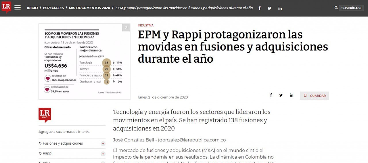 EPM y Rappi protagonizaron las movidas en fusiones y adquisiciones durante el ao